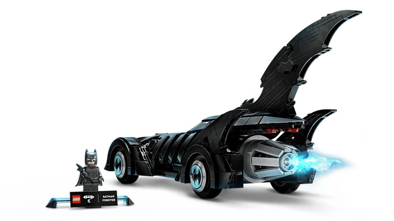 LEGO DC Batman Forever Batmobile 76304 model rear view showing engine exhaust effect with Batman minifigure and display stand