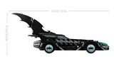 LEGO DC Batman Forever Batmobile 76304 side profile with raised fins and measurement graphic showing 41 cm length and 17 cm height