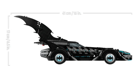 LEGO DC Batman Forever Batmobile 76304 side profile with raised fins and measurement graphic showing 41 cm length and 17 cm height