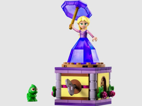 LEGO Disney Twirling Rapunzel spinning on a display stand with Pascal the chameleon