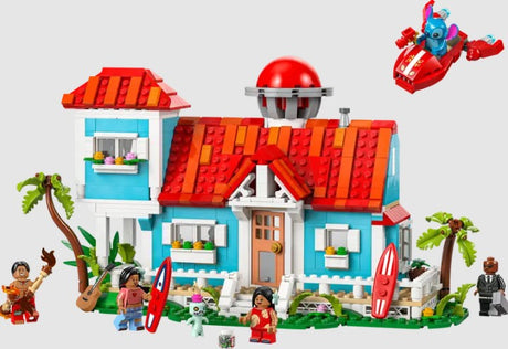 LEGO Disney Lilo and Stitch Beach House set front view with Stitch, Lilo, Nani, and more