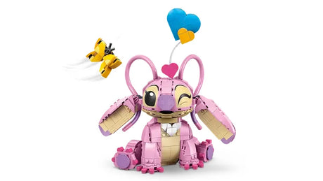 Front view of LEGO Disney Lilo and Stitch Angel 43257 set with blue and yellow heart balloon on white background