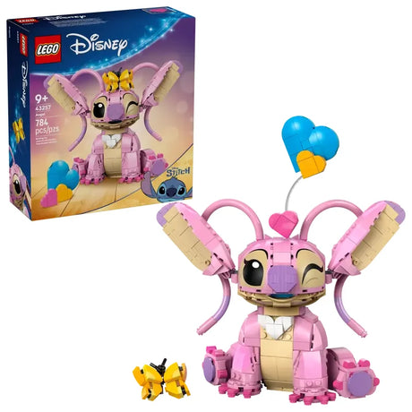 LEGO Disney Lilo and Stitch Angel 43257 set with box, hearts, and butterfly accessory on white background