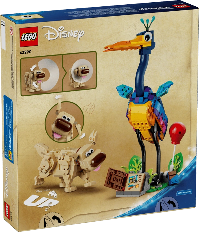 Rear of the LEGO Disney Kevin & Dug 43290 packaging showing both characters, Kevin's display stand and illustrations of Dug's adjustable features and removable white cone.