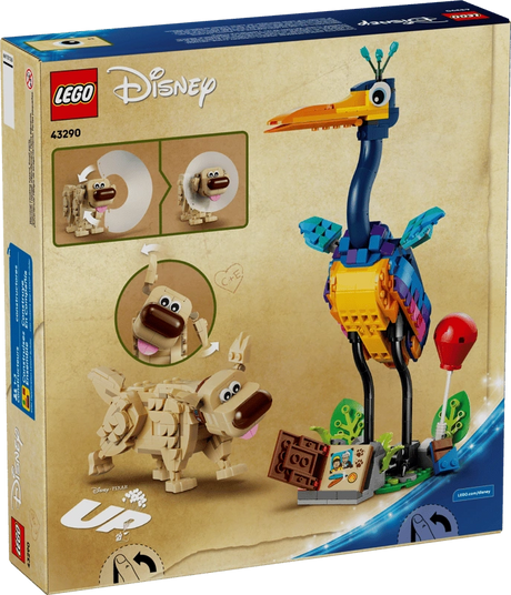 Rear of the LEGO Disney Kevin & Dug 43290 packaging showing both characters, Kevin's display stand and illustrations of Dug's adjustable features and removable white cone.