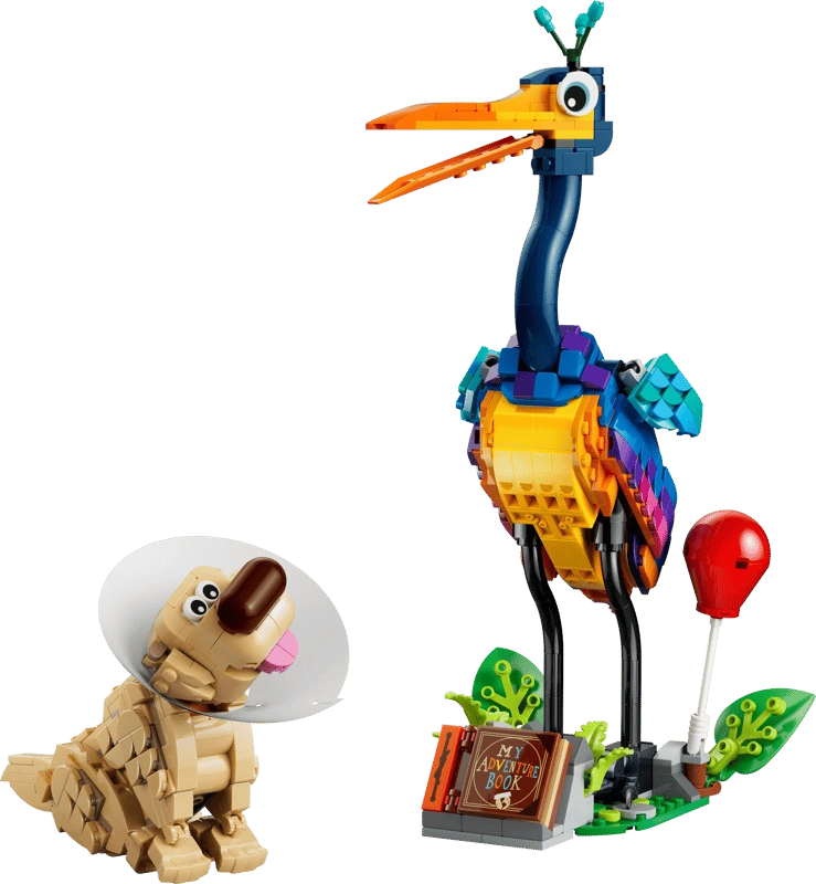 LEGO Disney Kevin and Dug from Pixar's Up, showing colourful Kevin with an open orange beak, Dug wearing a white cone, and a display featuring a red balloon, green plants and My Adventure Book.