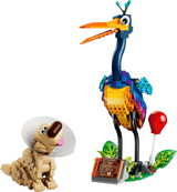 LEGO Disney Kevin and Dug from Pixar's Up, showing colourful Kevin with an open orange beak, Dug wearing a white cone, and a display featuring a red balloon, green plants and My Adventure Book.