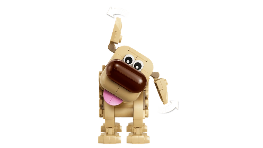 Front view of LEGO Disney Dug with his head tilted, pink tongue hanging out and one ear raised, with curved arrows indicating adjustable positions.