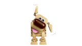 Front view of LEGO Disney Dug with his head tilted, pink tongue hanging out and one ear raised, with curved arrows indicating adjustable positions.
