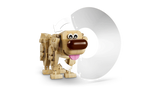 LEGO Disney Dug figure standing beside his detached white protective cone, with curved arrows illustrating how the cone fits around his neck.