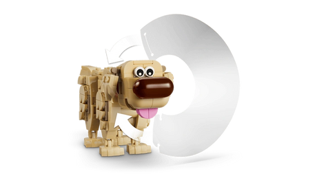 LEGO Disney Dug figure standing beside his detached white protective cone, with curved arrows illustrating how the cone fits around his neck.