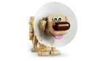 LEGO Disney Dug dog figure wearing a large white protective cone around his neck, showing his tan body, brown nose, wide eyes and pink tongue.