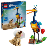 LEGO Disney Kevin & Dug 43290 retail packaging beside the completed Kevin and Dug figures, showing Kevin's colourful plumage, Dug wearing his white cone, a red balloon and My Adventure Book.