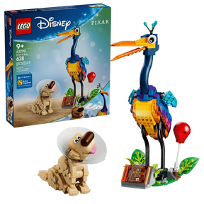 LEGO Disney Kevin & Dug 43290 retail packaging beside the completed Kevin and Dug figures, showing Kevin's colourful plumage, Dug wearing his white cone, a red balloon and My Adventure Book.