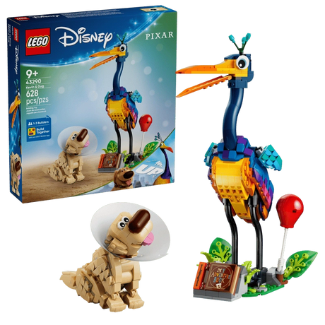 LEGO Disney Kevin & Dug 43290 retail packaging beside the completed Kevin and Dug figures, showing Kevin's colourful plumage, Dug wearing his white cone, a red balloon and My Adventure Book.