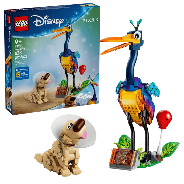 LEGO Disney Kevin & Dug 43290 retail packaging beside the completed Kevin and Dug figures, showing Kevin's colourful plumage, Dug wearing his white cone, a red balloon and My Adventure Book.