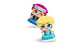 LEGO Disney Mini Anna & Elsa figures shown tilted on their rounded bases, with Elsa in front and Anna behind, on a white background
