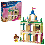 LEGO Disney Princess castle set with three level structure shown beside the retail box, including Mini Belle and Mini Tiana figures
