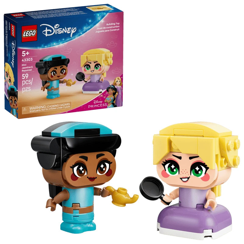 LEGO Disney Princess Mini Jasmine and Rapunzel figures shown beside the retail box, with Jasmine holding a gold lamp and Rapunzel holding a black frying pan
