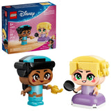 LEGO Disney Princess Mini Jasmine and Rapunzel figures shown beside the retail box, with Jasmine holding a gold lamp and Rapunzel holding a black frying pan
