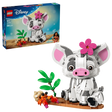 LEGO Disney Pua 43292 retail packaging beside the completed pig model, showing Pua with a pink flower on its head and an orange hermit crab on a wooden raft with green plants.
