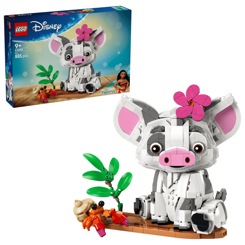 LEGO Disney Pua 43292 retail packaging beside the completed pig model, showing Pua with a pink flower on its head and an orange hermit crab on a wooden raft with green plants.