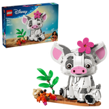LEGO Disney Pua 43292 retail packaging beside the completed pig model, showing Pua with a pink flower on its head and an orange hermit crab on a wooden raft with green plants.