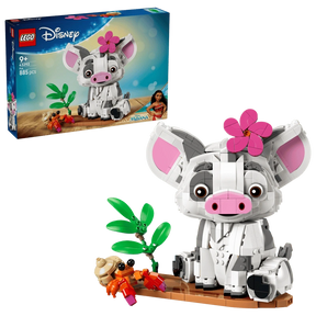 LEGO Disney Pua 43292 retail packaging beside the completed pig model, showing Pua with a pink flower on its head and an orange hermit crab on a wooden raft with green plants.