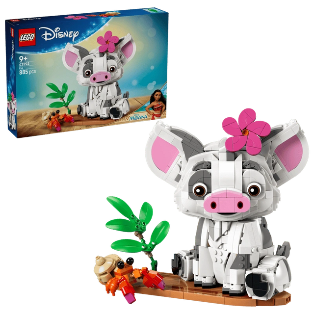 LEGO Disney Pua 43292 retail packaging beside the completed pig model, showing Pua with a pink flower on its head and an orange hermit crab on a wooden raft with green plants.