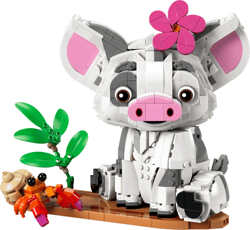 Completed LEGO Disney Pua 43292 model featuring the white and grey pig with large pink ears and a flower on its head, seated on a brown raft beside an orange hermit crab and green plants.