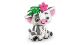 LEGO Disney Pua pig sitting with a pink flower and green leaves attached to its head, showing its large pink ears, round eyes, pink snout and white and grey body.
