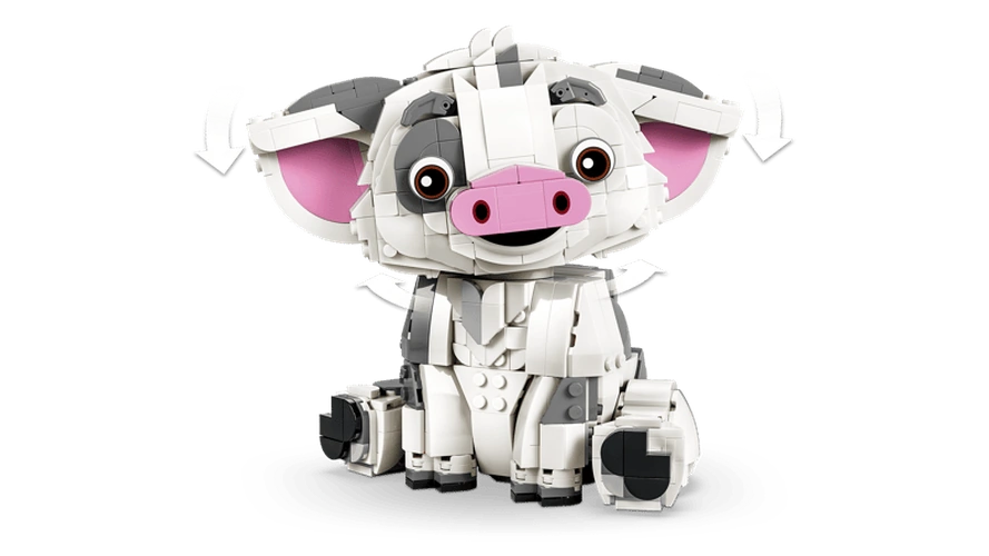 Front view of the LEGO Disney Pua pig showing its white and grey brick-built body, large pink ears, pink snout and curved arrows indicating movement of the ears and head.