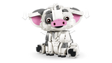 Front view of the LEGO Disney Pua pig showing its white and grey brick-built body, large pink ears, pink snout and curved arrows indicating movement of the ears and head.