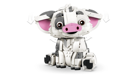Front view of the LEGO Disney Pua pig showing its white and grey brick-built body, large pink ears, pink snout and curved arrows indicating movement of the ears and head.