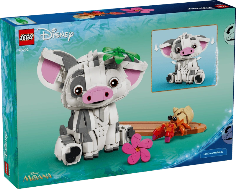 LEGO Disney Pua 43292 retail box showing the brick-built pig with pink ears and snout, a hermit crab on a raft and illustrations of Pua's movable head and ears.