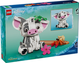 LEGO Disney Pua 43292 retail box showing the brick-built pig with pink ears and snout, a hermit crab on a raft and illustrations of Pua's movable head and ears.