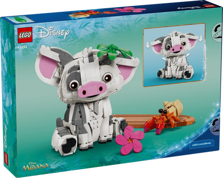 LEGO Disney Pua 43292 retail box showing the brick-built pig with pink ears and snout, a hermit crab on a raft and illustrations of Pua's movable head and ears.