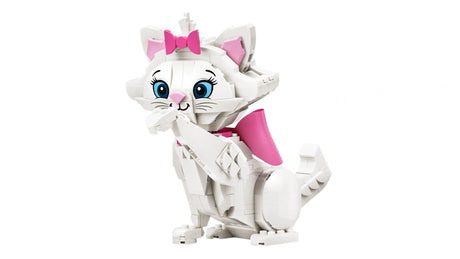 White brick built Marie cat with pink bow and raised paw shown alone from a side angle on a white background