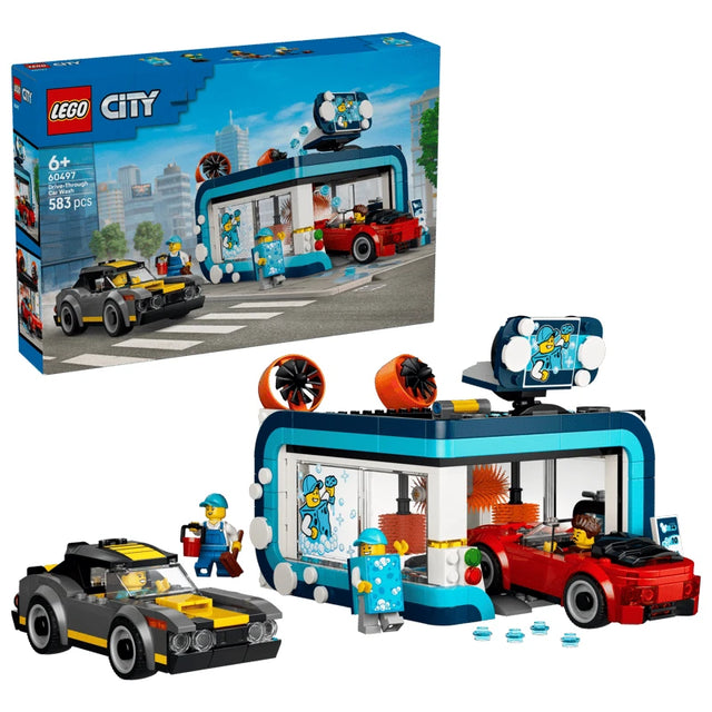 LEGO City Drive-Through Car Wash box with built car wash, black and yellow car, red convertible and minifigure