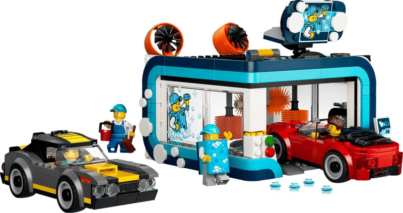 LEGO City drive-through car wash building with black and yellow car, red convertible, minifigure and blue water pieces