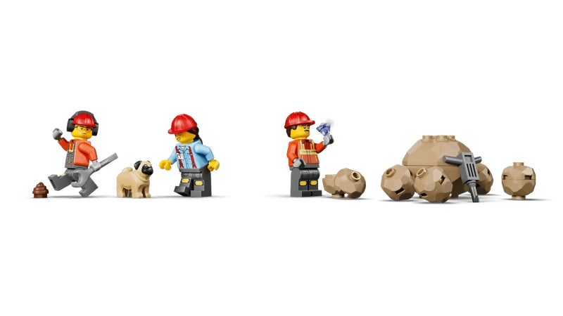 Three LEGO construction worker minifigures with tools, pug dog figure and rock pieces