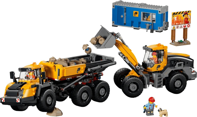 LEGO City construction set with dump truck, front end loader, blue site office, warning sign, worker minifigure and pug dog figure