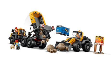 LEGO City dump truck and front end loader set with construction sign, worker minifigures, rock pieces and raised truck bed