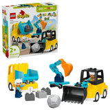 LEGO DUPLO Town 3 in 1 Construction Vehicles product box showing illustrated yellow and teal construction vehicles, two DUPLO figures, age 2+ marking and 22 piece count