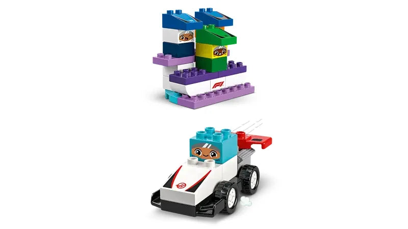 LEGO DUPLO F1 Team Race Cars and Drivers builds with white car, team stands and coloured block accessories