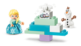 LEGO DUPLO Elsa and Olaf beside a stepped Frozen cake build with snowflake detail