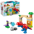 LEGO Duplo Marvel Dinosaur Spidey-Rex vs Green Goblin 10463 box and completed build showing Spidey T-rex, Green Goblin figure and treasure arch