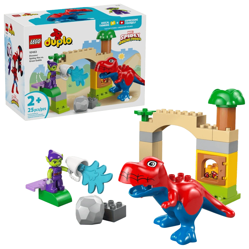 LEGO Duplo Marvel Dinosaur Spidey-Rex vs Green Goblin 10463 box and completed build showing Spidey T-rex, Green Goblin figure and treasure arch