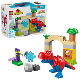 LEGO Duplo Marvel Dinosaur Spidey-Rex vs Green Goblin 10463 box and completed build showing Spidey T-rex, Green Goblin figure and treasure arch