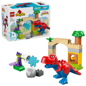 LEGO Duplo Marvel Dinosaur Spidey-Rex vs Green Goblin 10463 box and completed build showing Spidey T-rex, Green Goblin figure and treasure arch